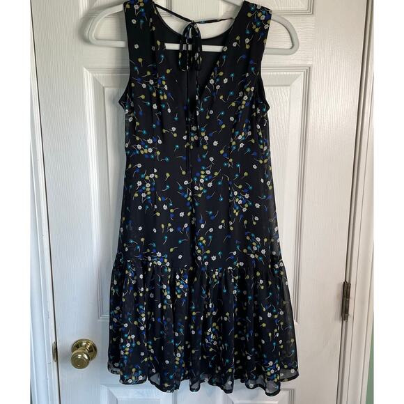 Calvin Klein Dress Black Floral Sleeveless Ruffle Hem Tie Back Neck Sz 2 Lined - Picture 3 of 11